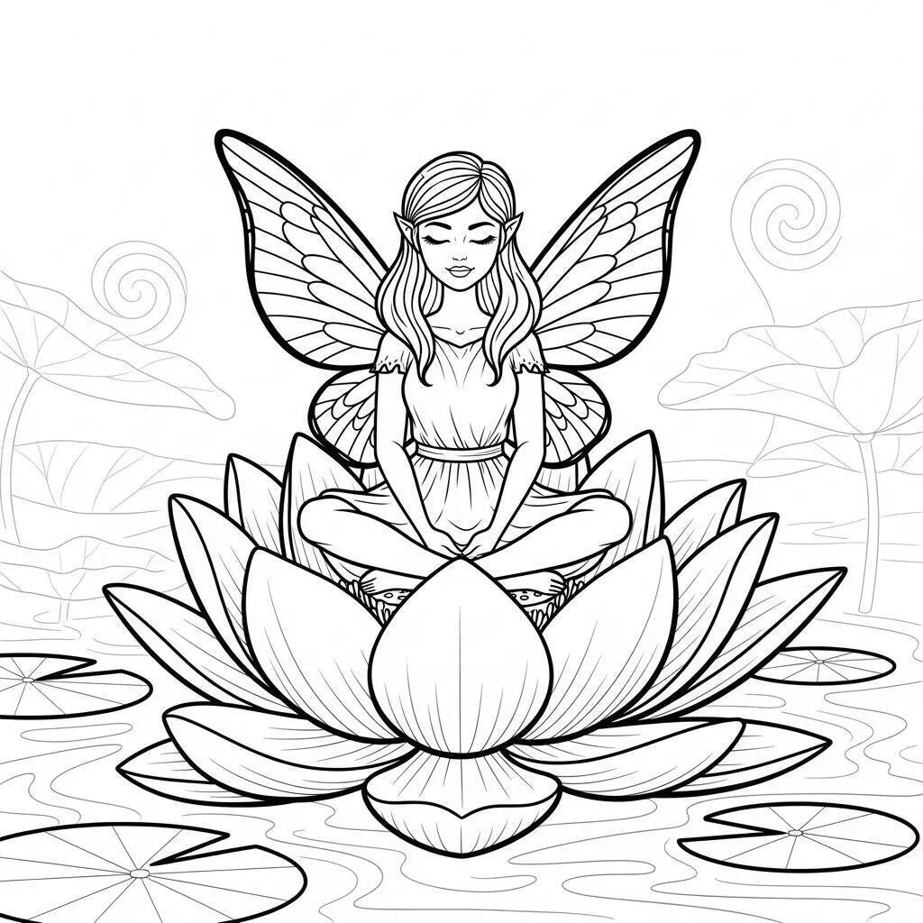 Hada sentada sobre una flor de loto para colorear