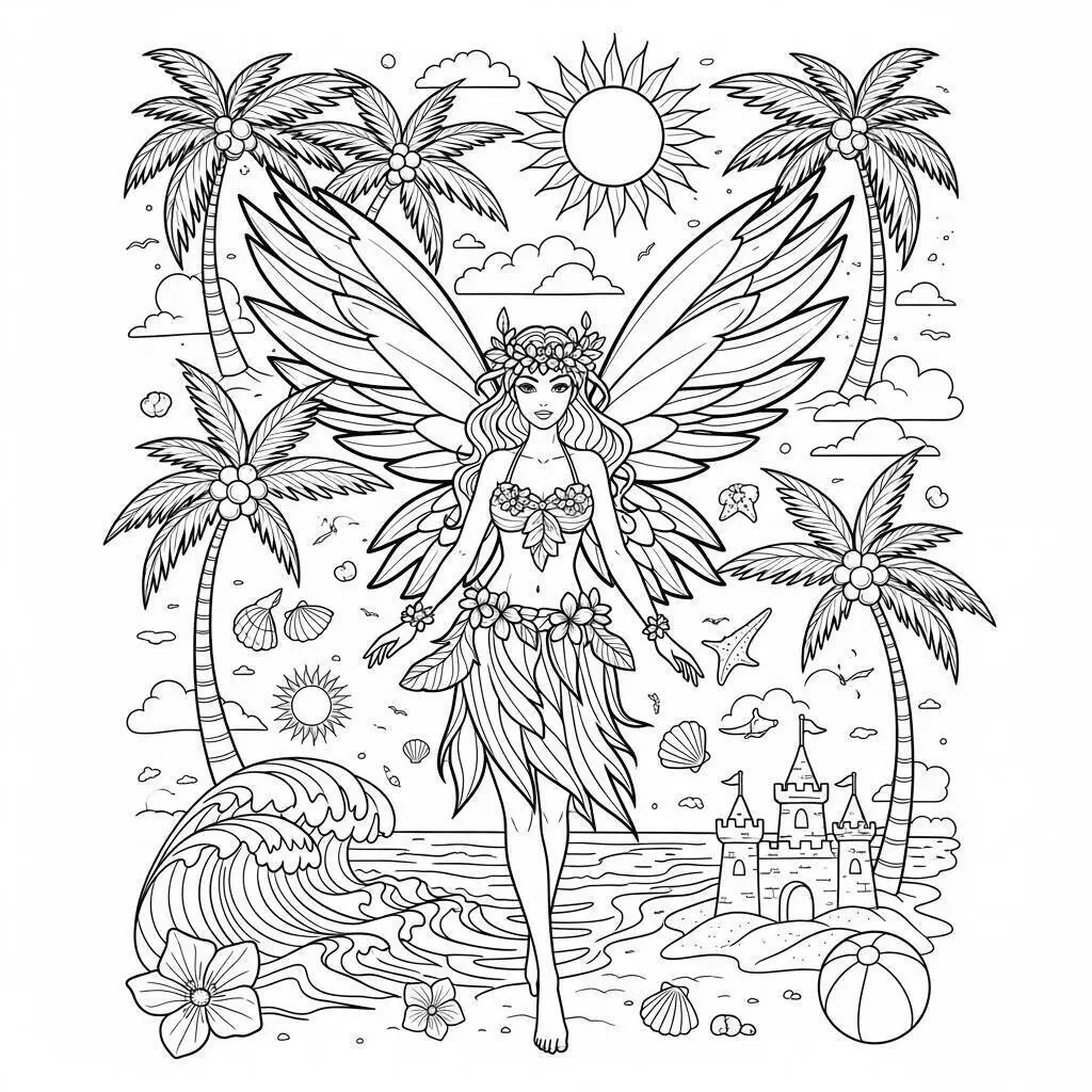 Dibujo para colorear de Hada Tropical con Alas y Playa