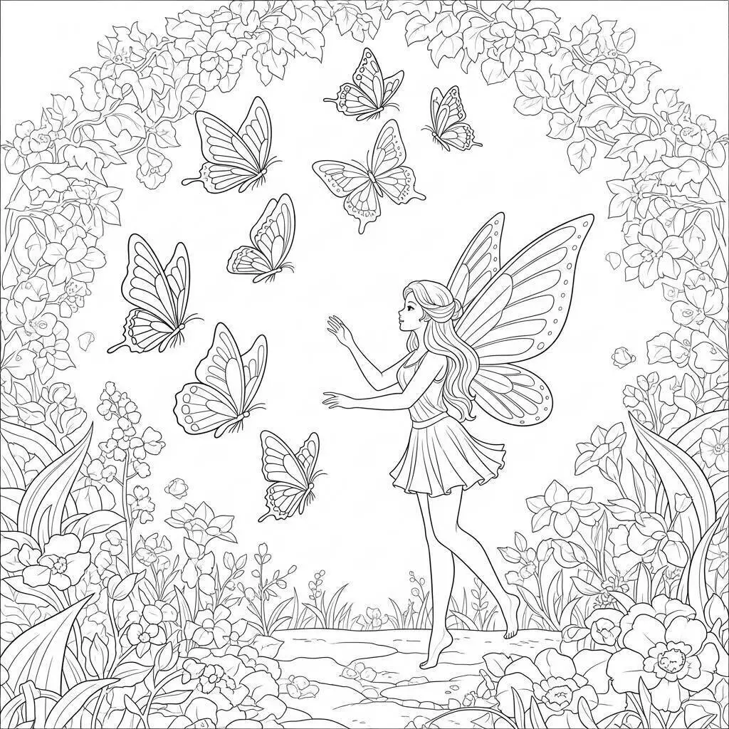Página para colorear de hadas bailando con mariposas en un jardín encantado