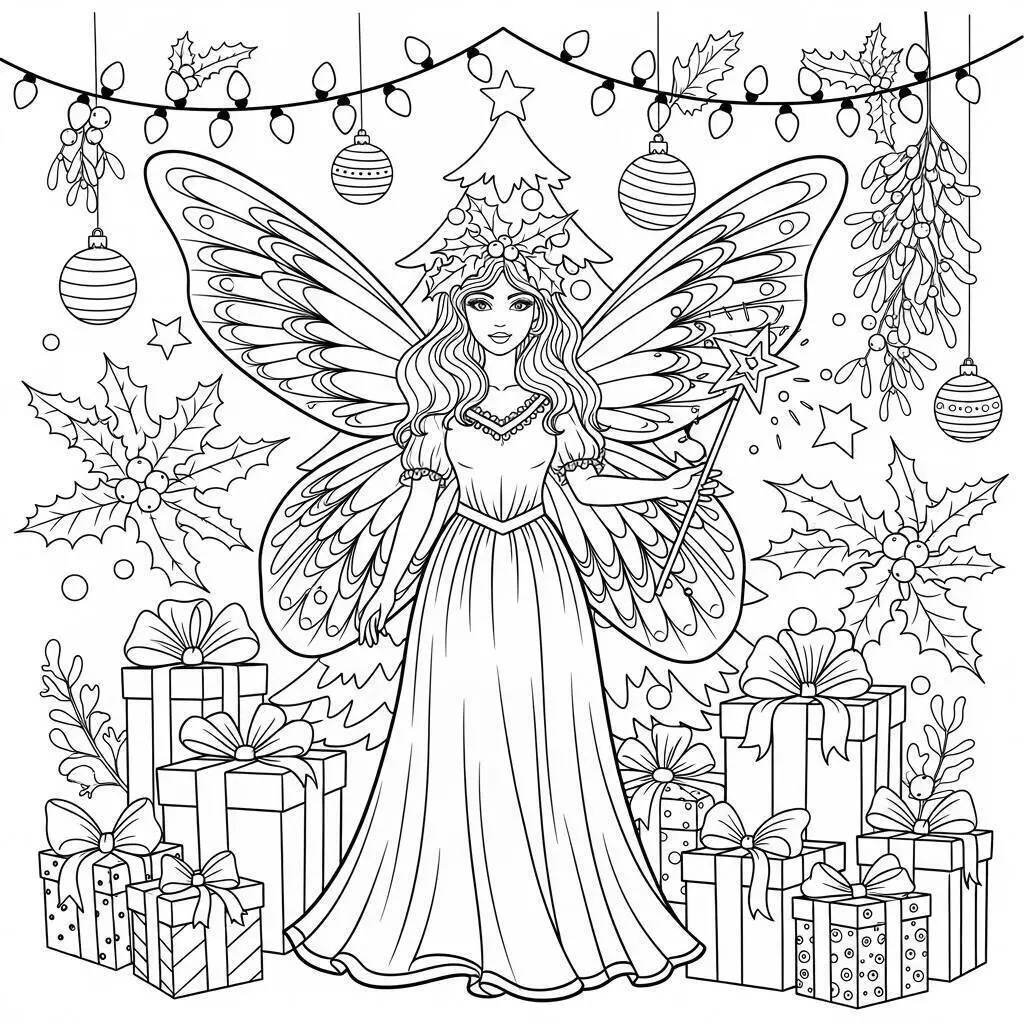 Página para colorear de hada de Navidad con varita mágica