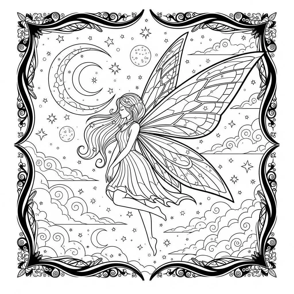 hada Mágica Flotando Entre Estrellas Página Para Colorear