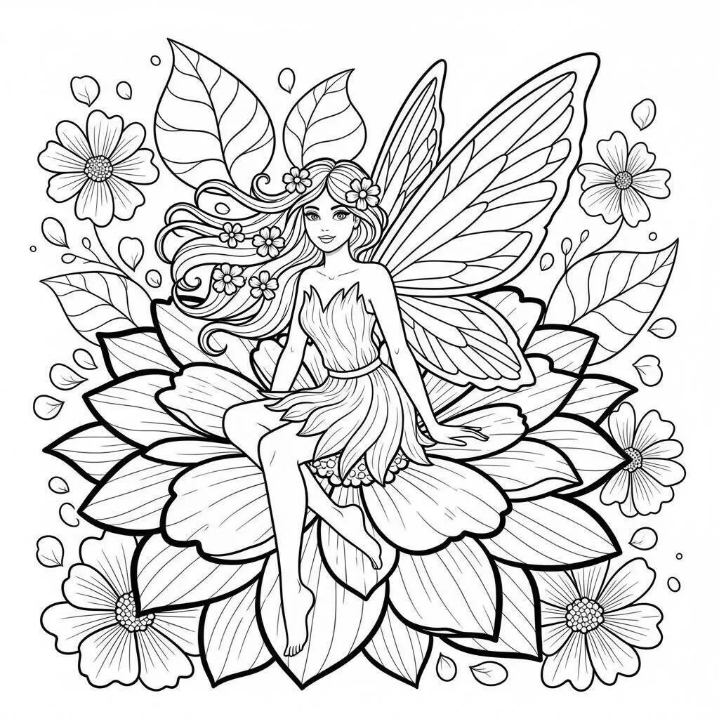 hada sentada sobre una flor gigante para colorear