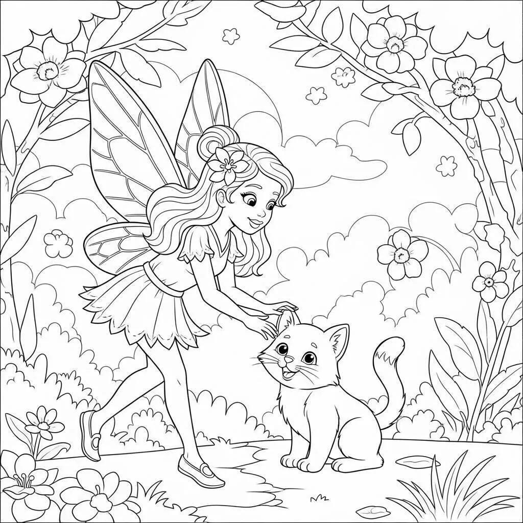 Página para colorear de hada jugando con gato