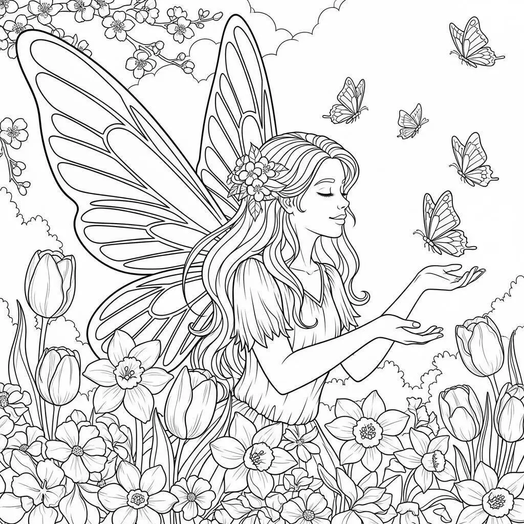 Dibujo de hada entre flores y mariposas para colorear