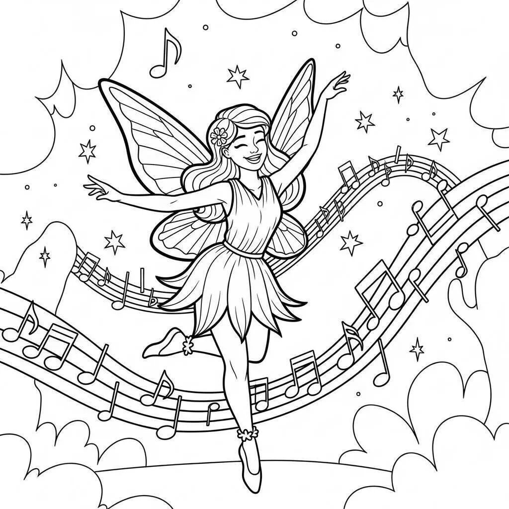 Página para colorear de hadas bailando con notas musicales