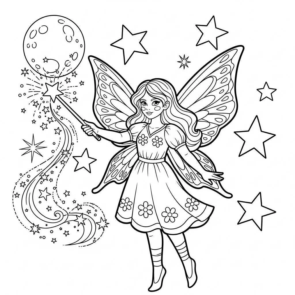 Dibujo de hada Mágica con Varita y Estrellas para colorear