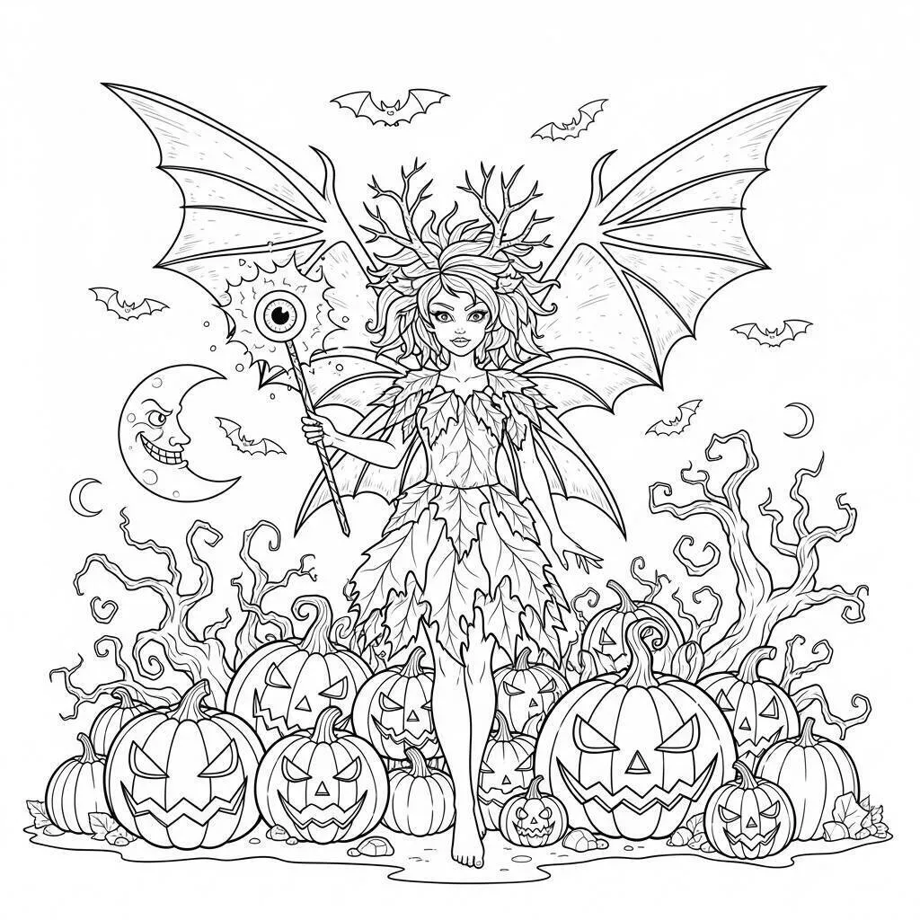 Página para colorear de hada Oscura con Calabazas