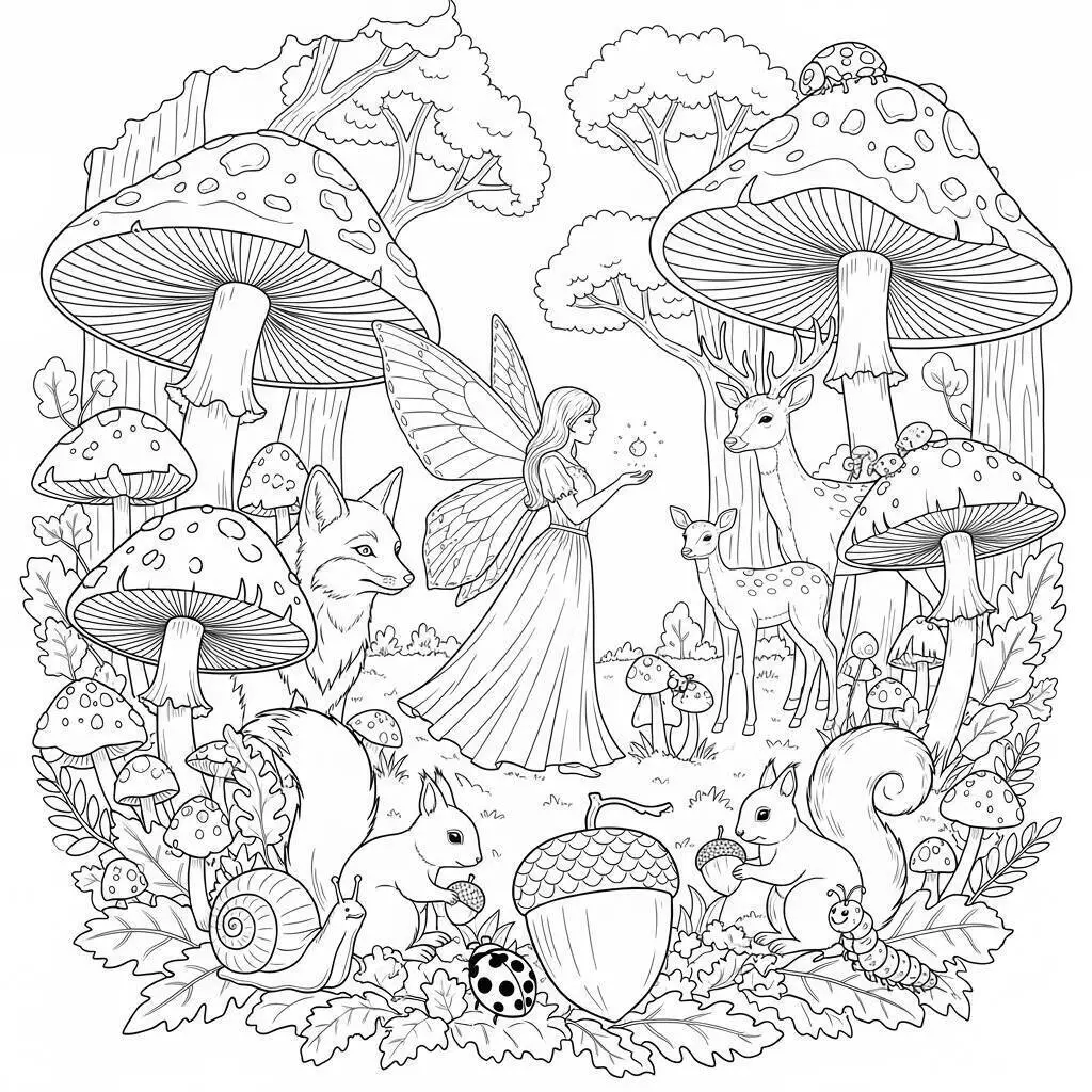 Dibujo de hada Mágica en el Bosque con Animales para colorear