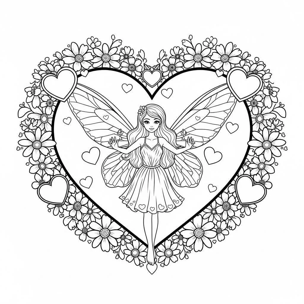 Dibujo de Encantadora hada en Corazón con flores para Colorear