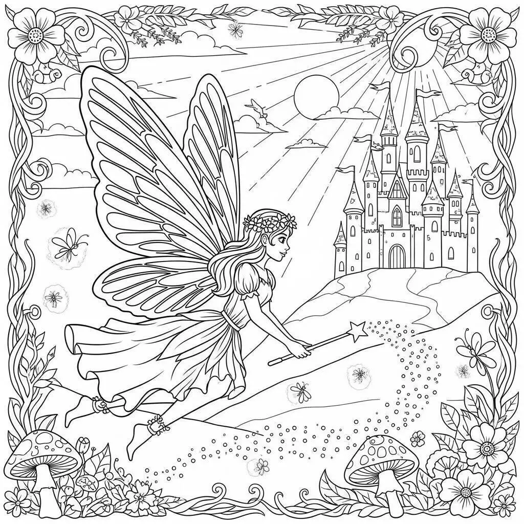 Desenho de Fada Voadora com Varinha Mágica e Castelo para Colorir