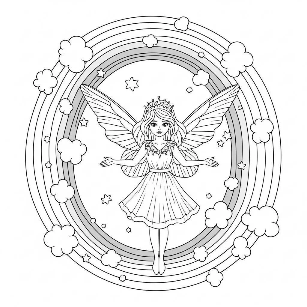 Desenho de Fada Mágica com Asas e Arco Íris para Colorir
