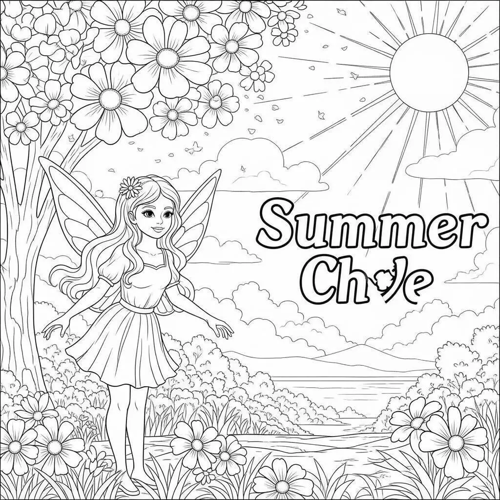 Desenho de Fada de Verão com Flores para Colorir