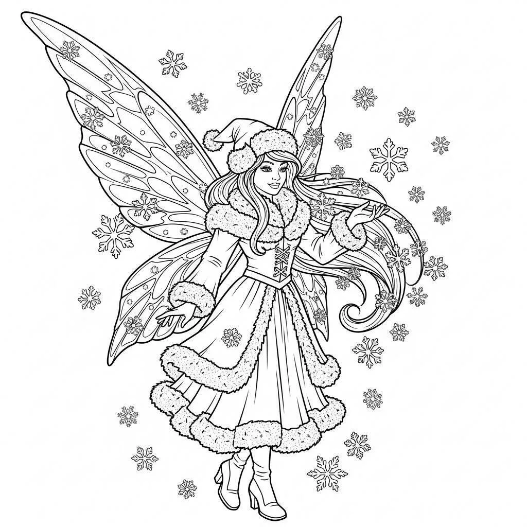 Desenho de Fada de Inverno com Asas de Neve para Colorir