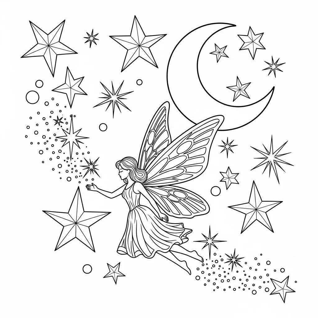 Desenho de Fada Voadora com Estrelas e Lua para Colorir