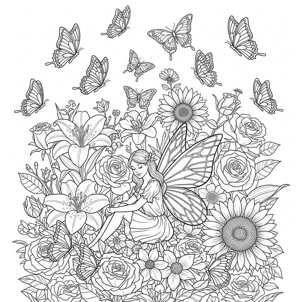 Desenho de Fada Sentada entre Flores e Borboletas para Colorir