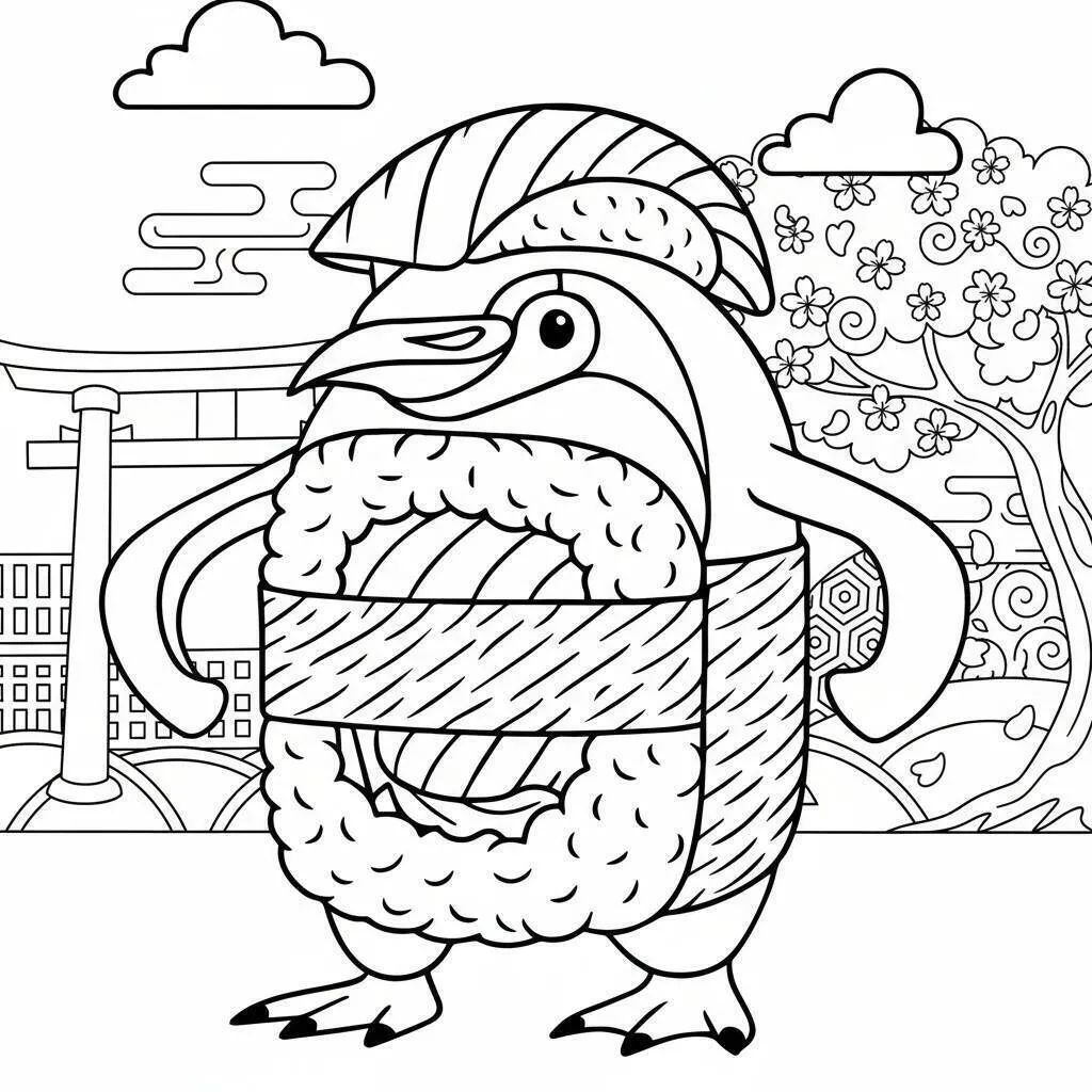 Desenho de Italian Brainrot do Pinguim Sushi para Colorir