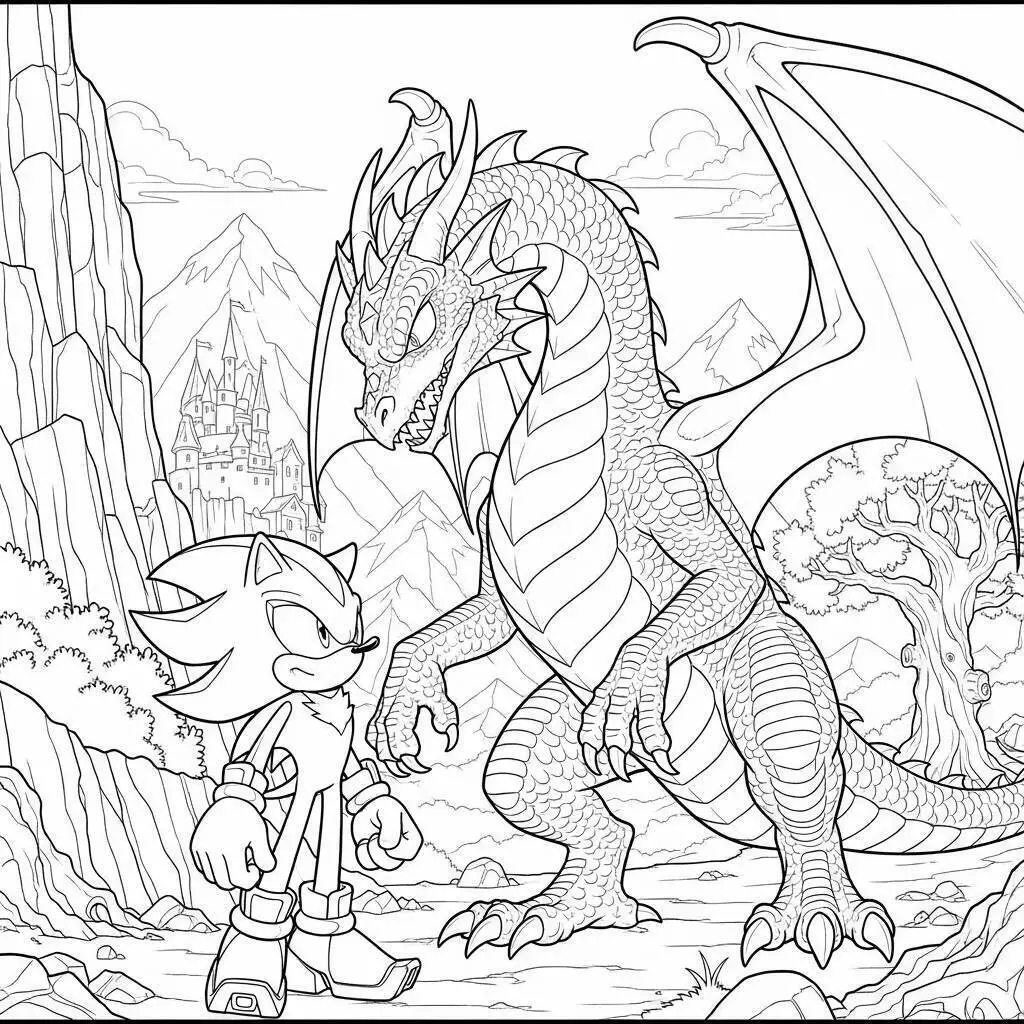 Dibujo para colorear sombra el erizo frente a un dragón