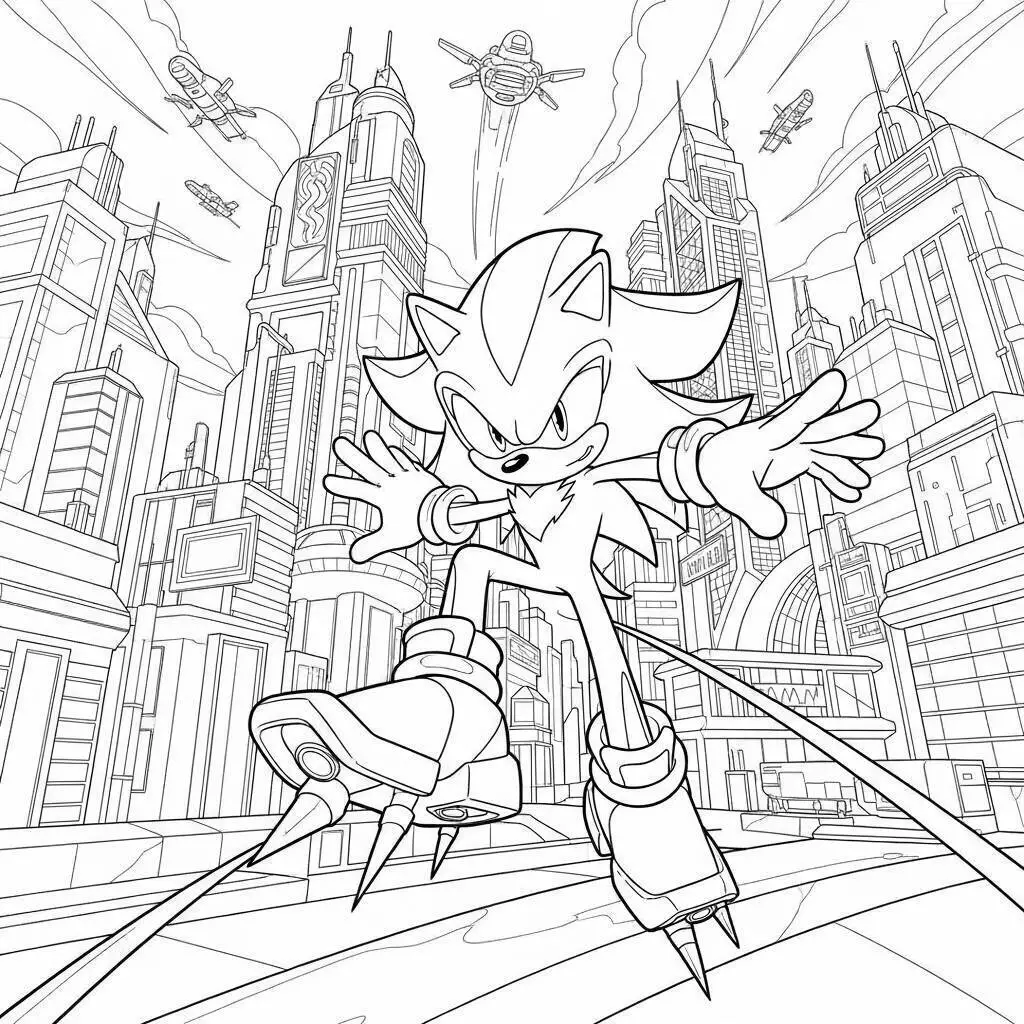 Dibujo de sombra el erizo en acción con patines para colorear