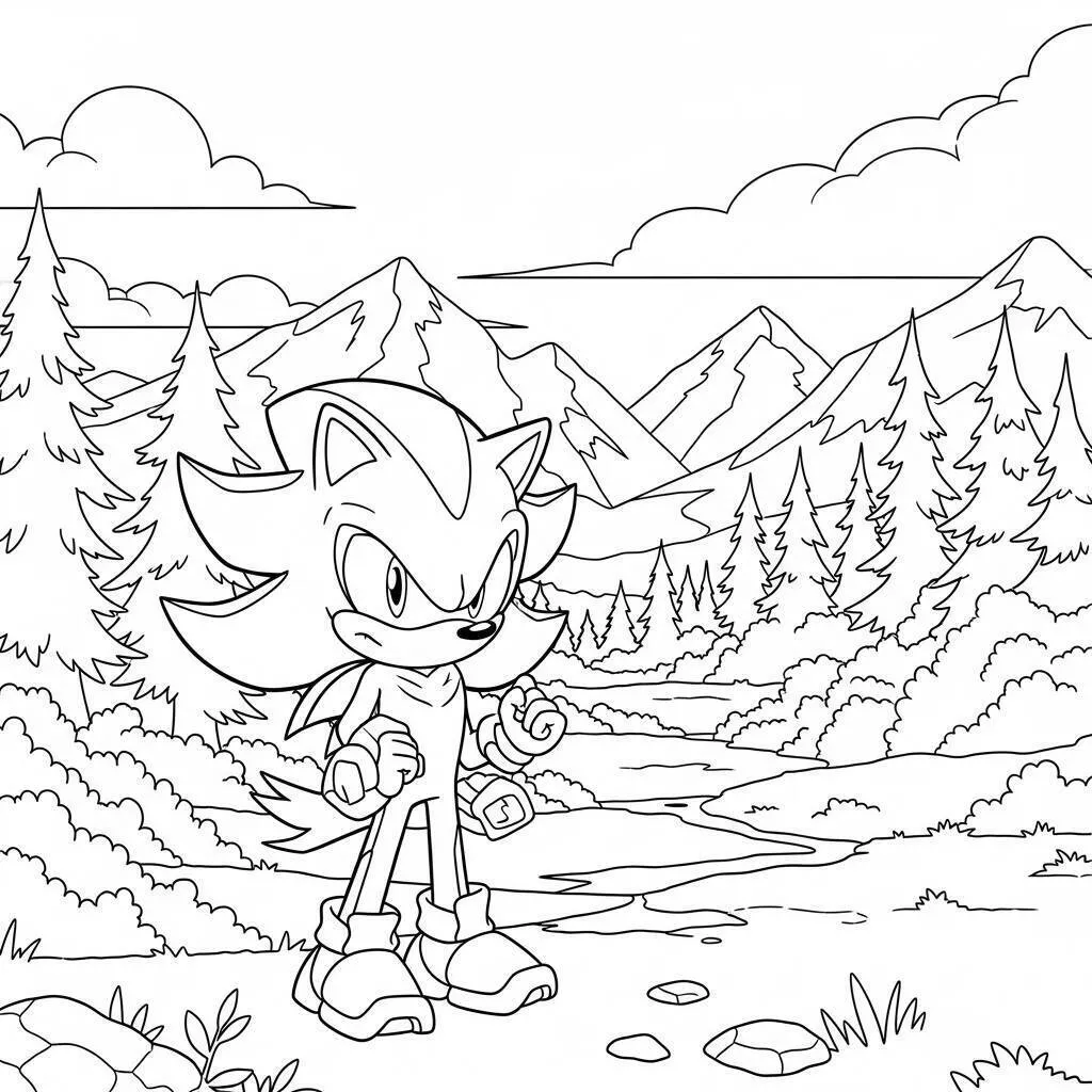 Página para colorear de sombra el erizo en un paisaje forestal