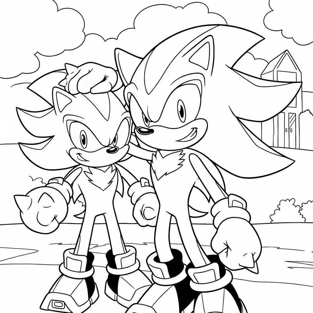 Dibujo para colorear de sombra el erizo y Sonic juntos