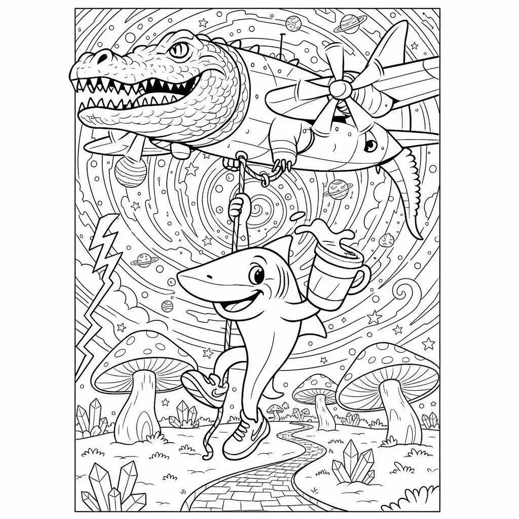 Tralalero Tralala e Crocodile Bomber nella pagina da colorare di avventure spaziali