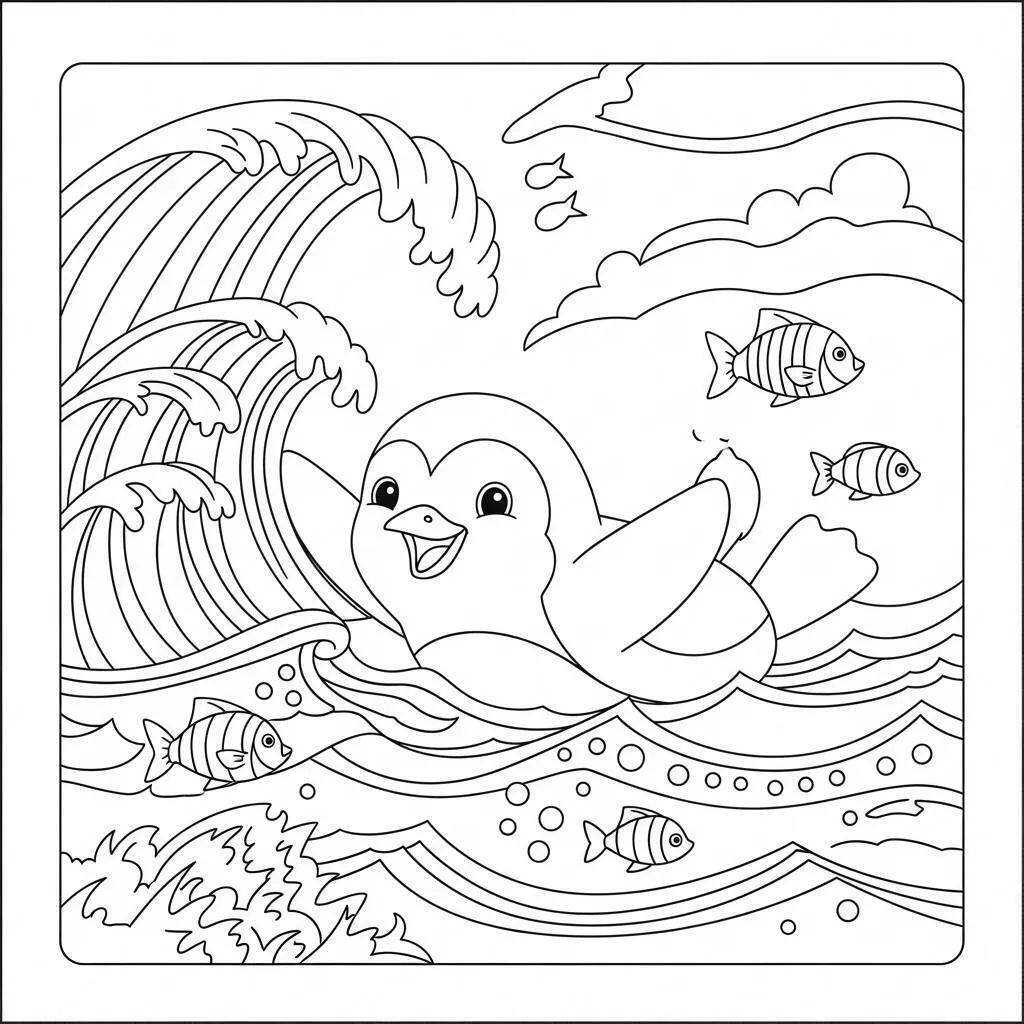 Pingüino nadando en un mar agitado Página para colorear