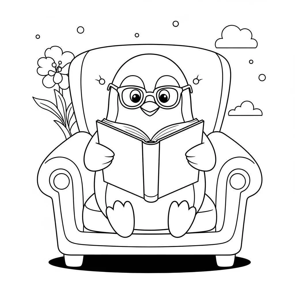 Dibujo de Pingüino leyendo en un sillón para colorear
