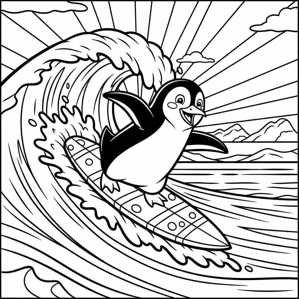 Página para colorear de pingüino surfeando