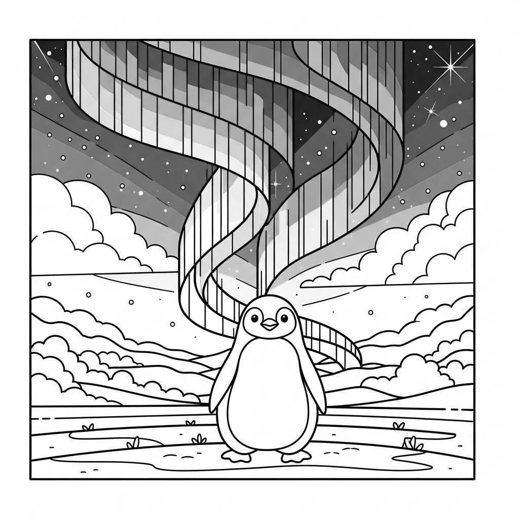 Pingüino en un paisaje estrellado Página para colorear