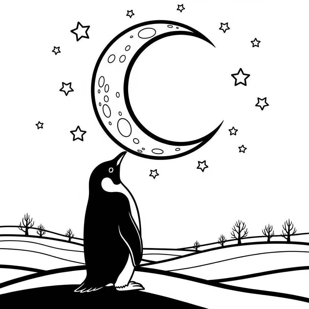 Pingüino bajo la luna con estrellas para colorear