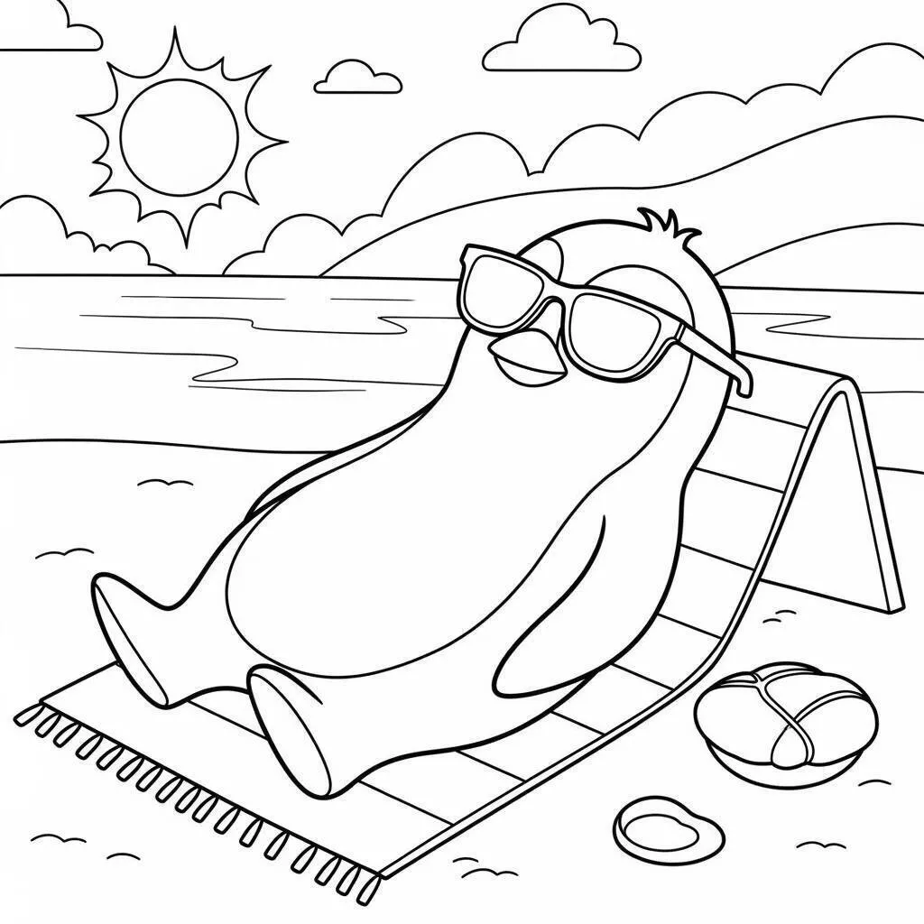 Dibujo de Pingüino relajándose en la playa con gafas de sol para colorear