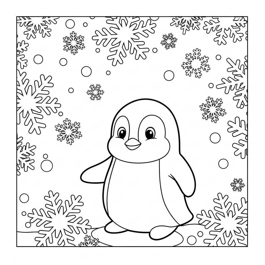 Lindo pingüino con copos de nieve para colorear