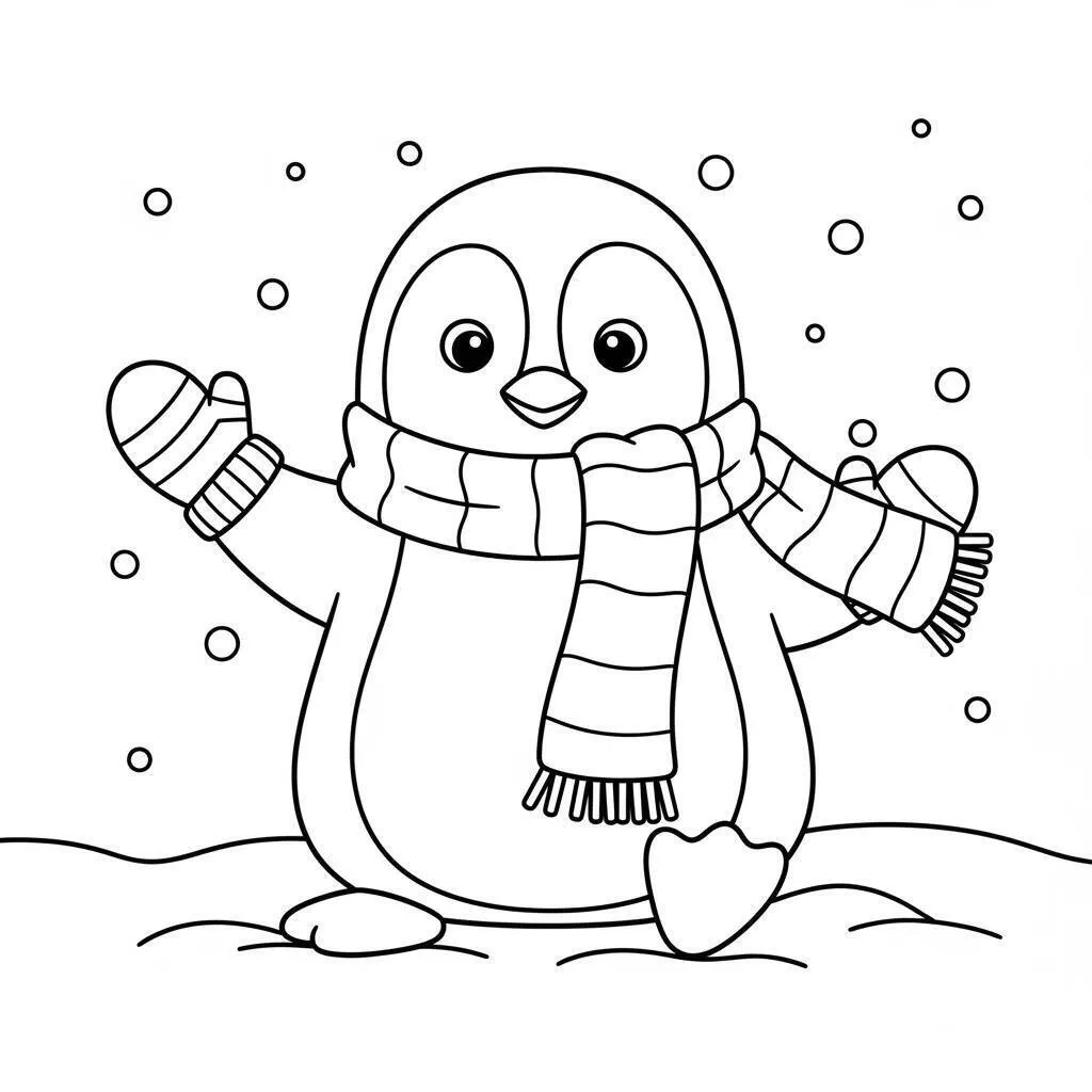 Página para colorear de pingüino feliz con bufanda