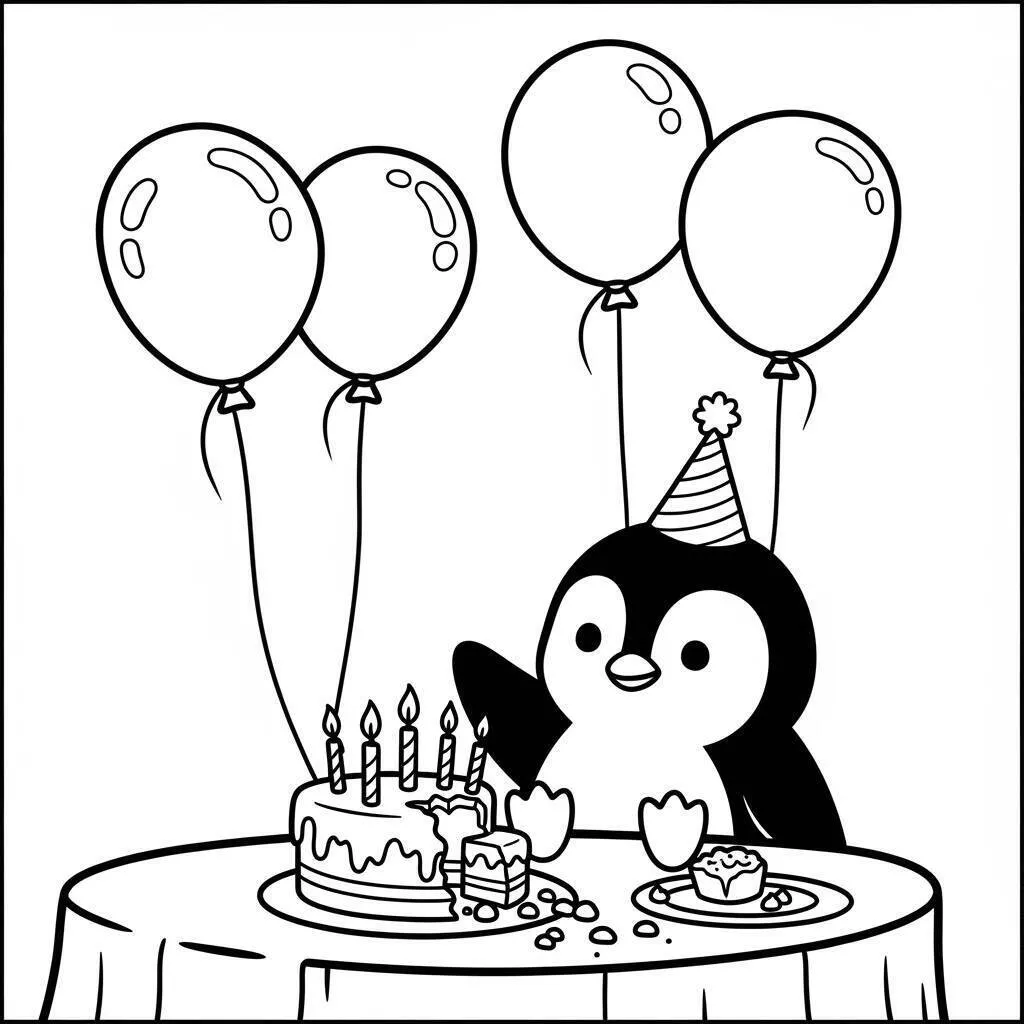Pingüino en una fiesta de cumpleaños con pastel y globos para colorear