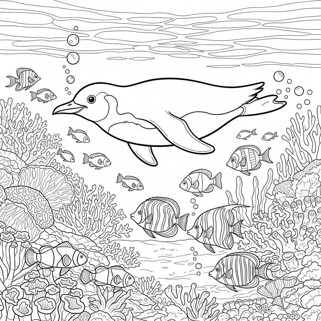 Pingüino nadando entre peces Página para colorear