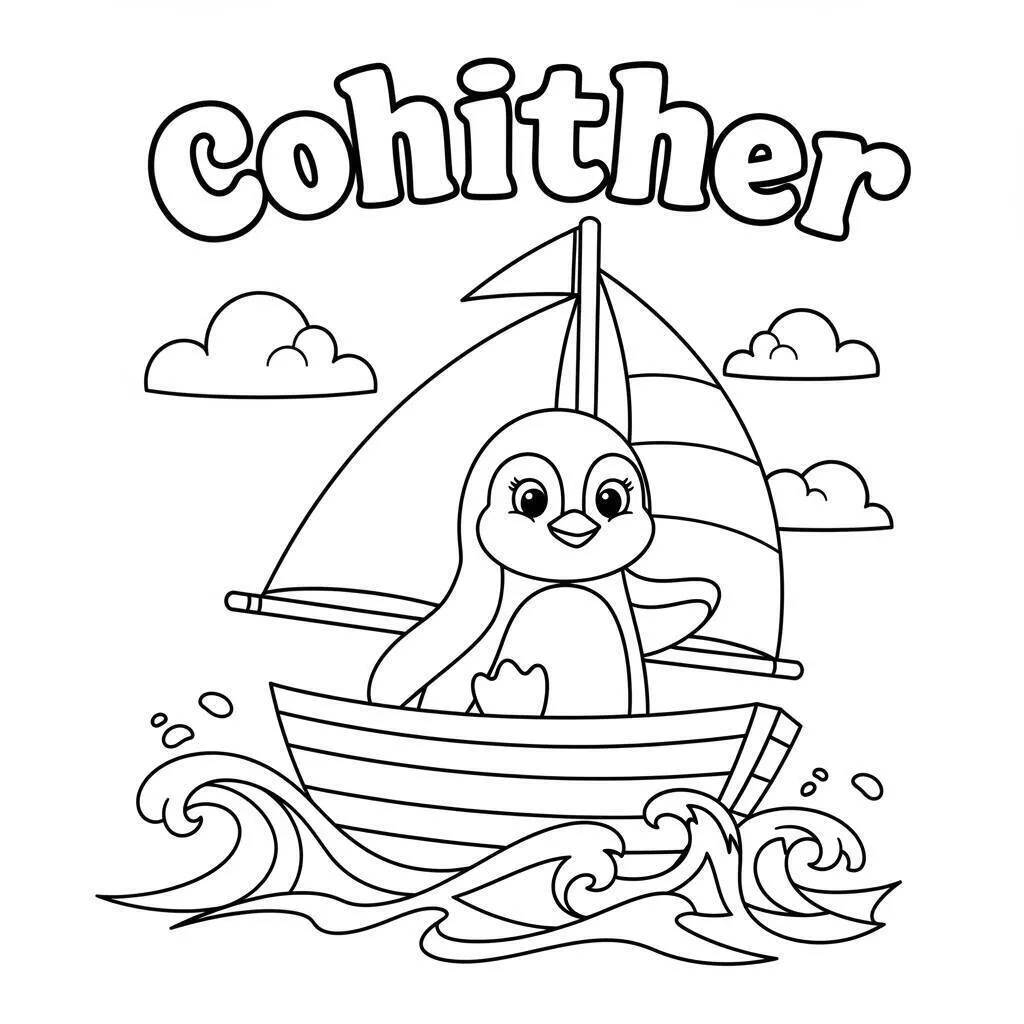 Página para colorear de pingüino navegando en un barco