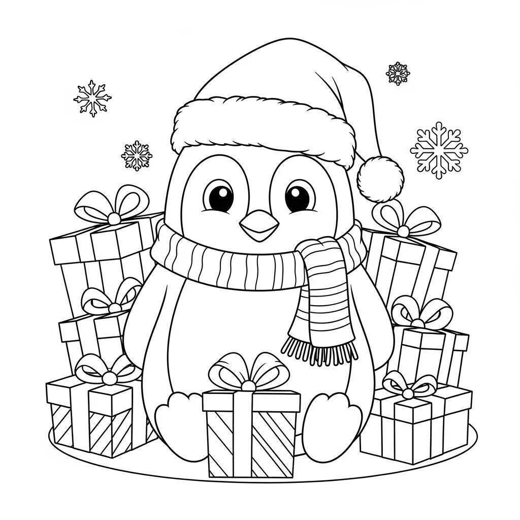 Dibujo de Pingüino navideño con gorro y regalos para colorear