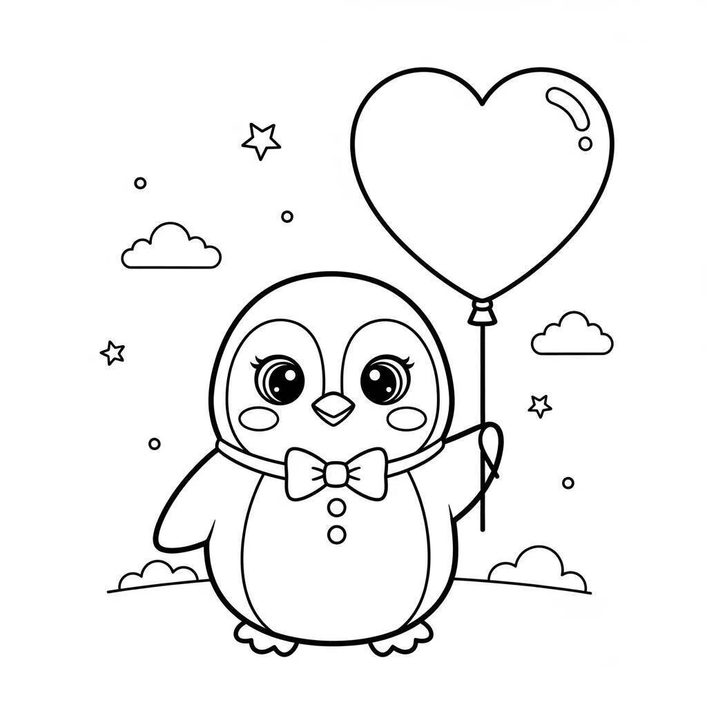 Página para colorear de pingüino kawaii con globo