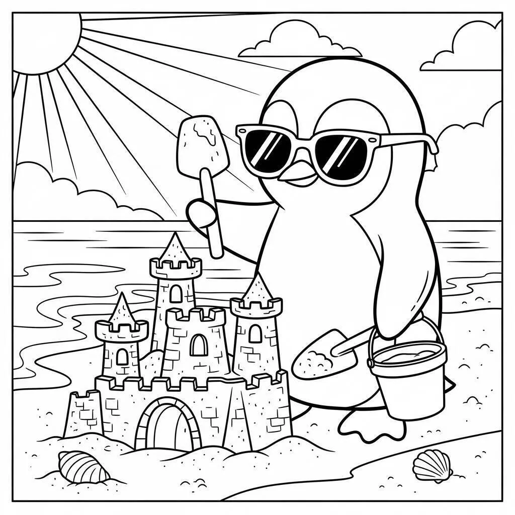 Pingüino en la playa construyendo castillos de arena para colorear