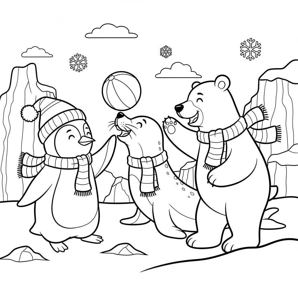 Pingüino jugando con foca y oso para colorear