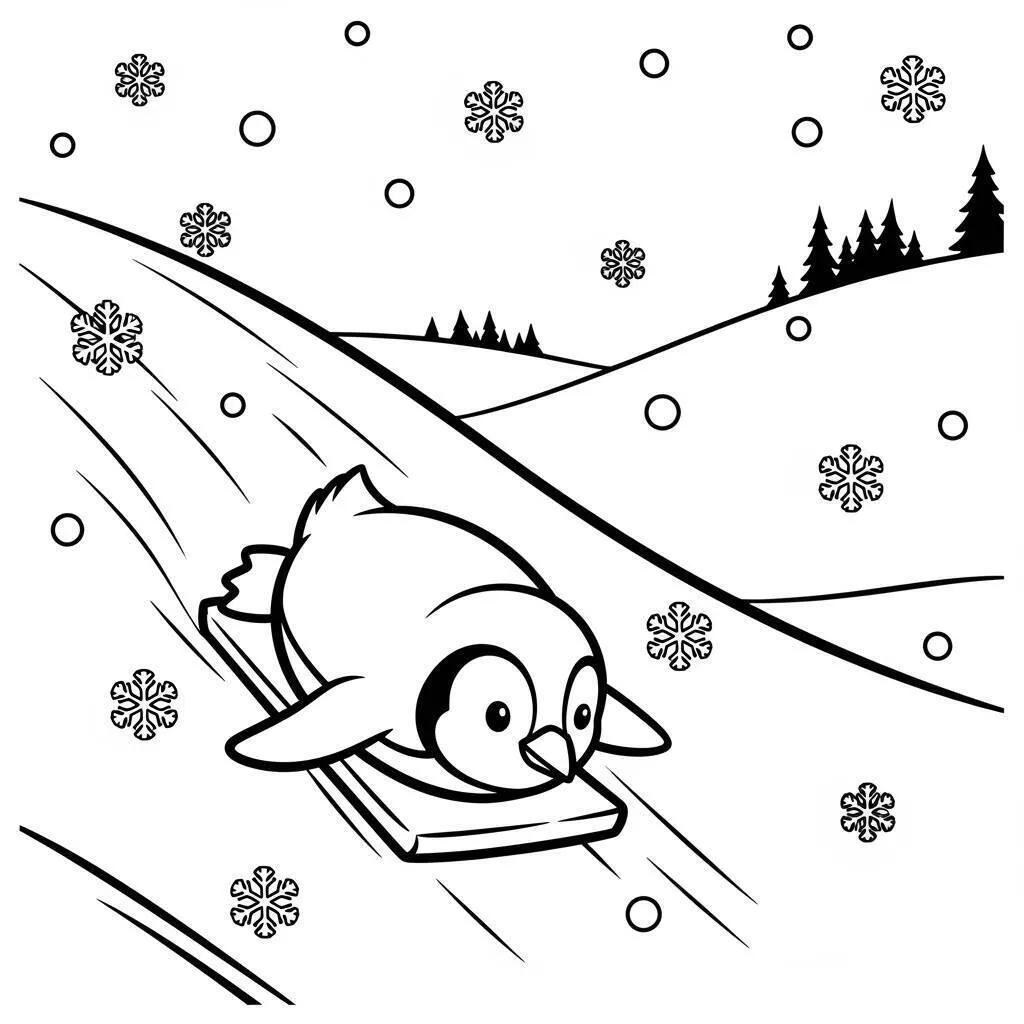 Pingüino deslizándose sobre la nieve Página para colorear