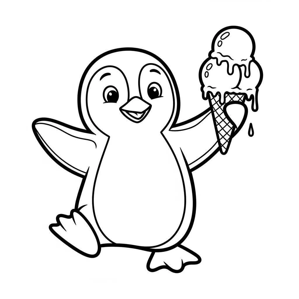 Página para colorear de pingüino feliz con helado
