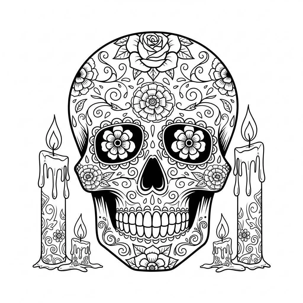 Dibujo de Calavera decorada con flores y velas para colorear