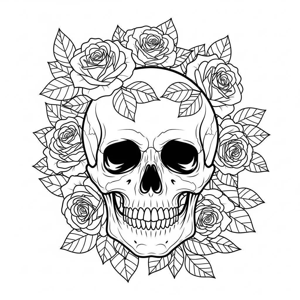 Dibujo para colorear de calavera con rosas