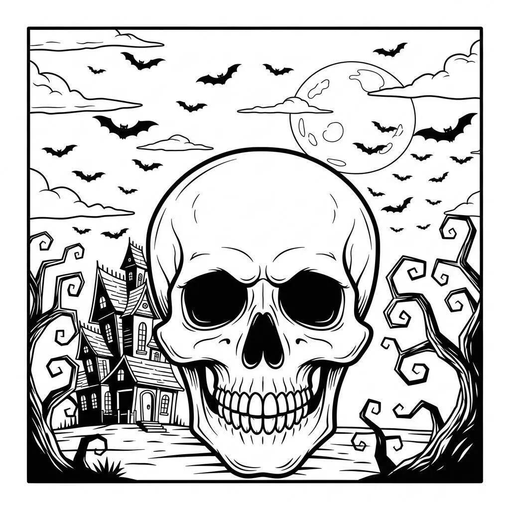 Página para colorear de calavera con casa encantada y murciélagos