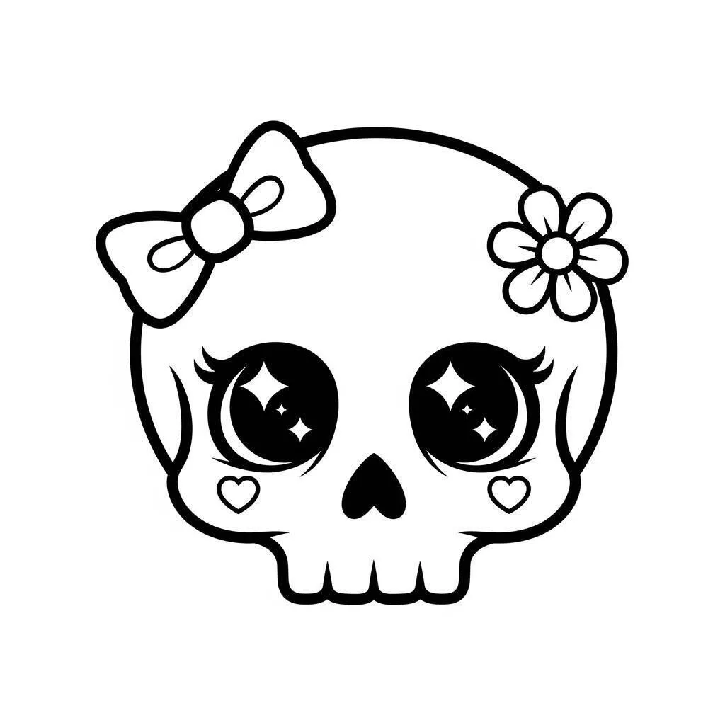 Coloriage Crâne Kawaii avec des arcs et des fleurs