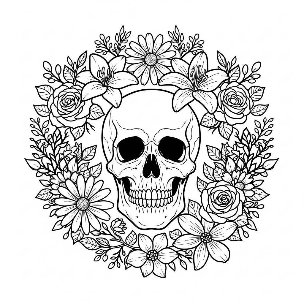Coloriage Crâne avec des fleurs