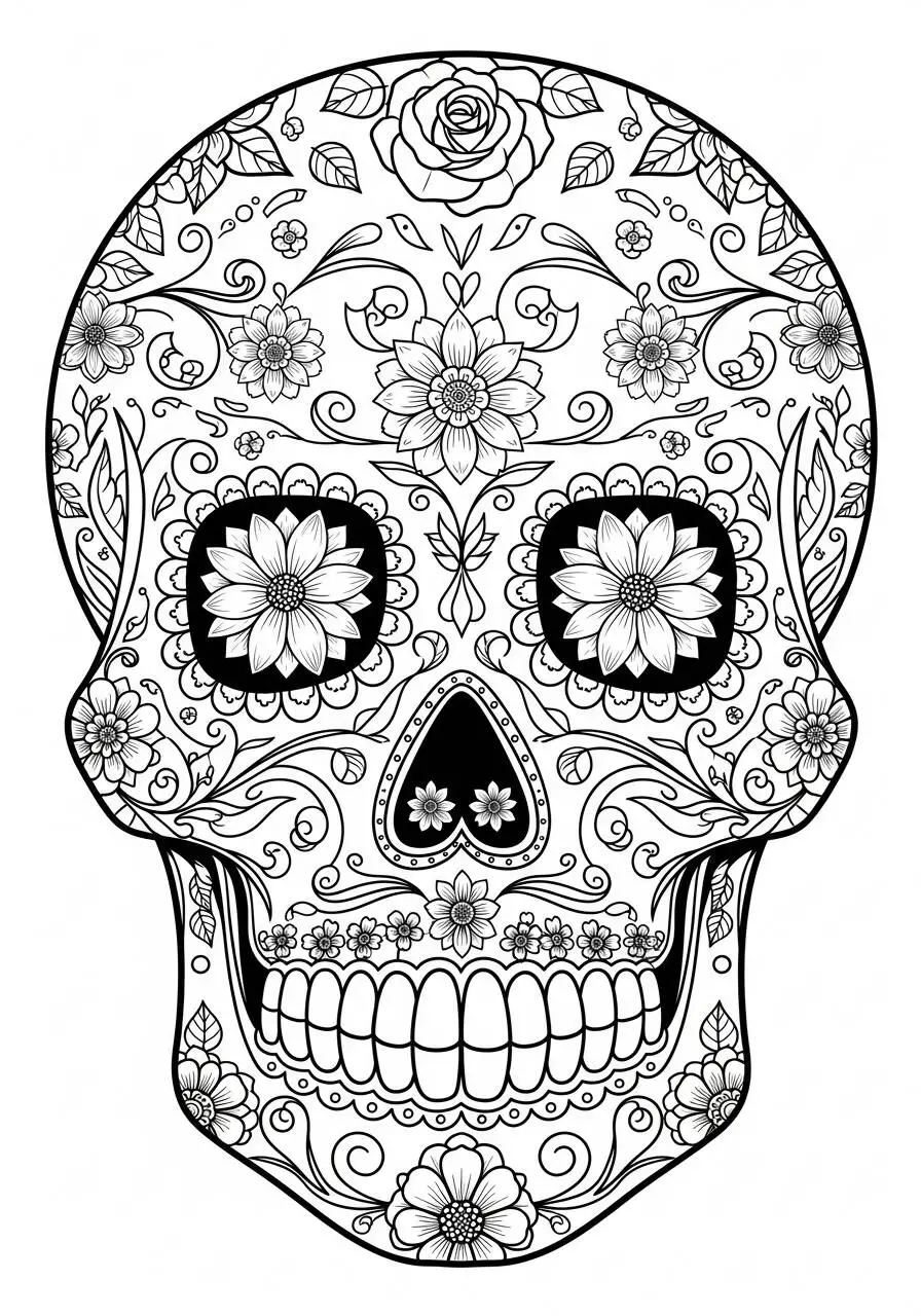 Coloriage Crâne décoré de fleurs