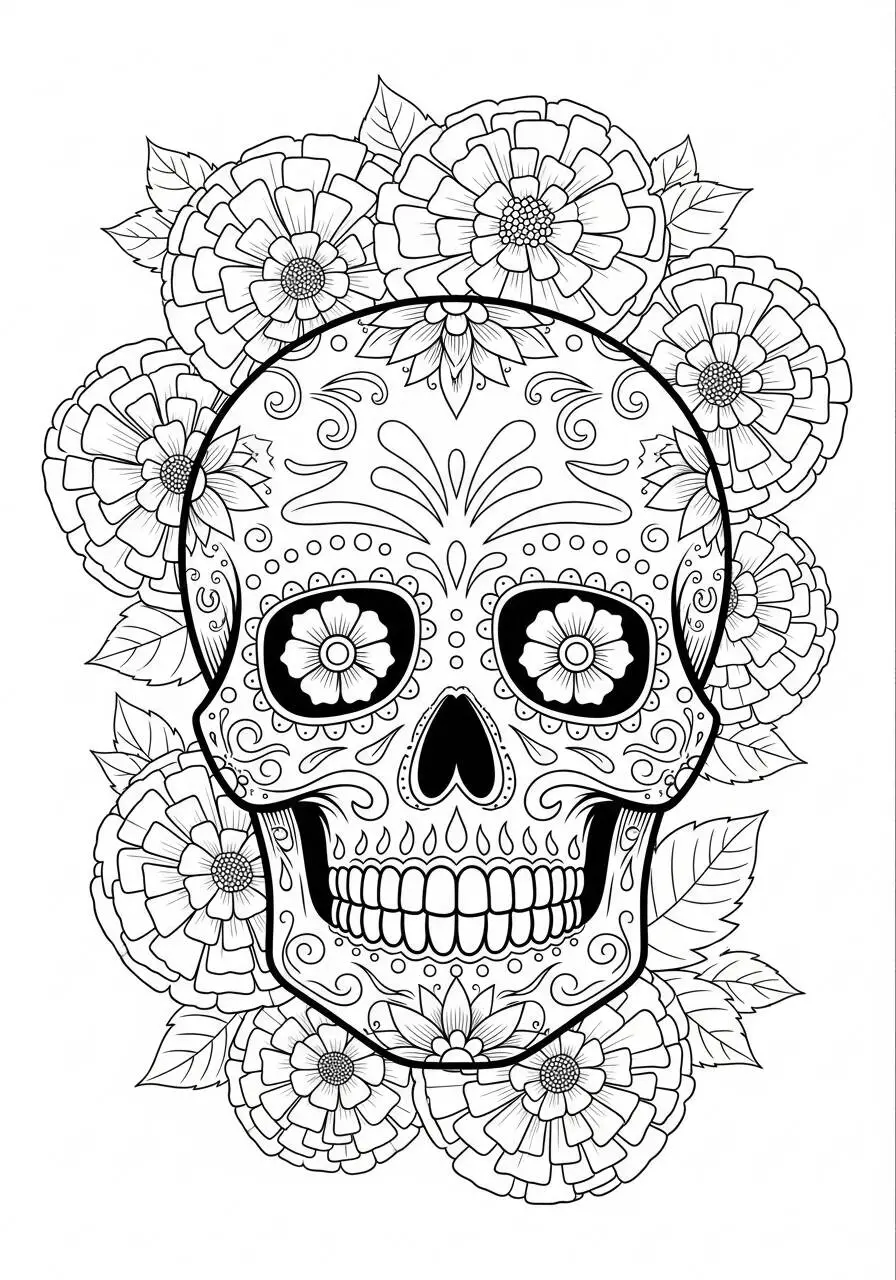 Dibujo para colorear de calavera mexicana decorada con flores