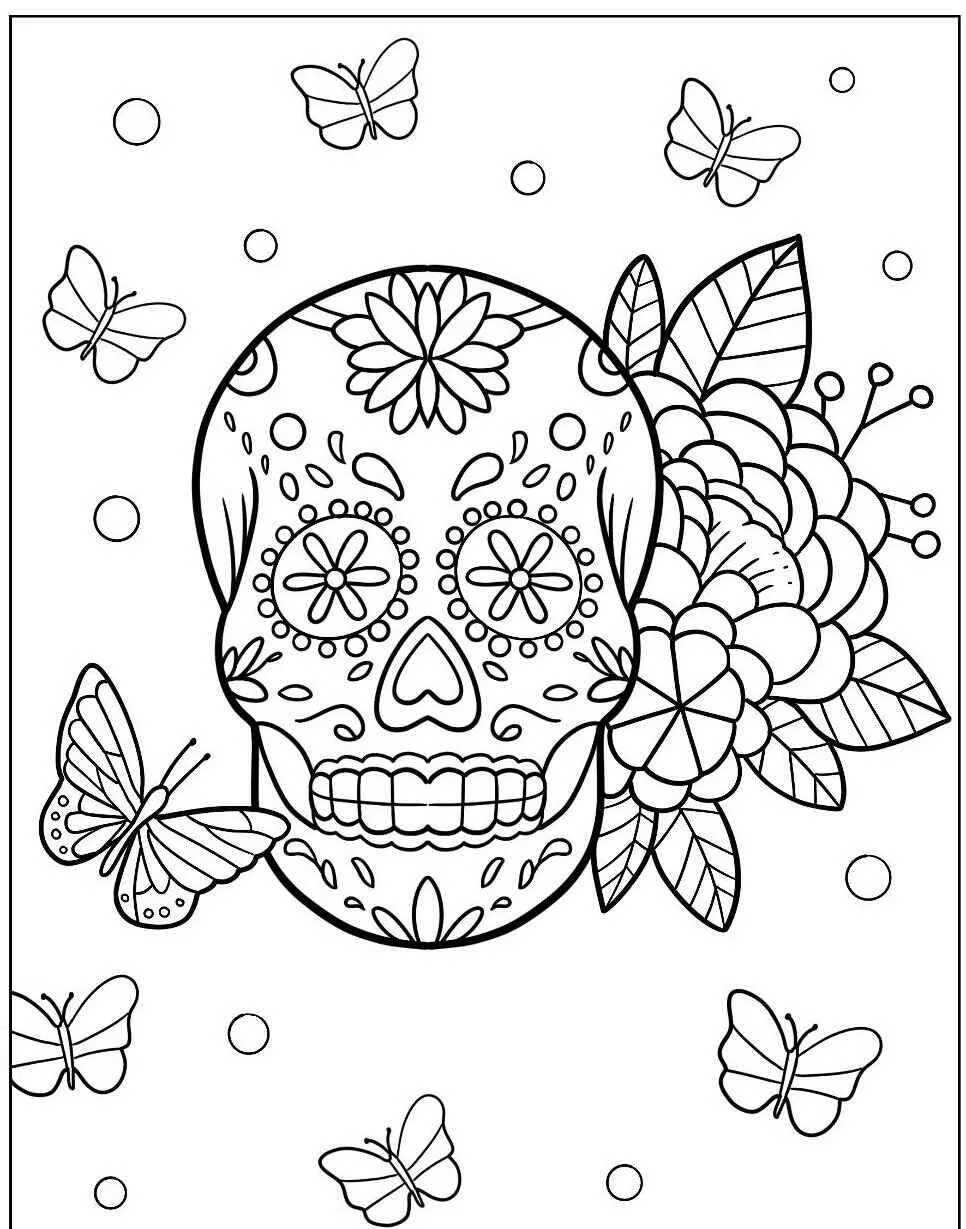 Dibujo de Calavera Mexicana con Mariposas y flores para colorear
